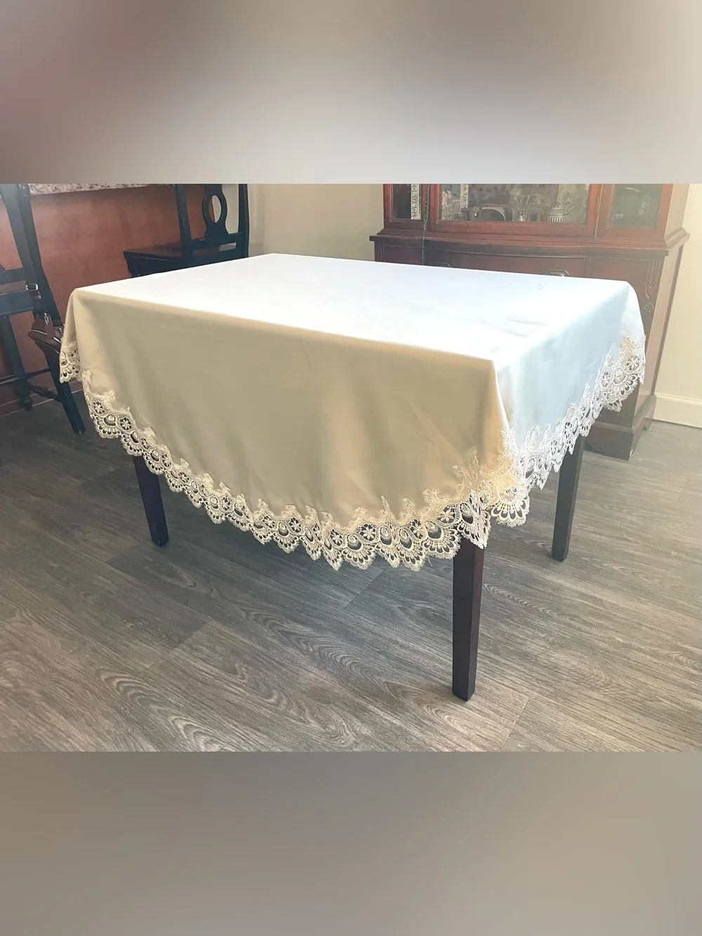 Bella Lux Fine Linens Tablecloth Elegant Oval Taupe Lace Trim Polyester 70x74
